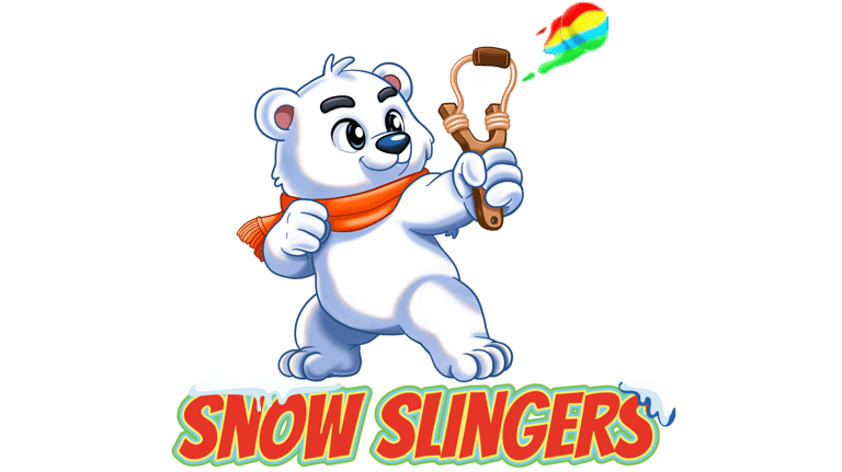 Cartoon polar bear wearing an orange scarf and firing a colorful paint ball from a slingshot.