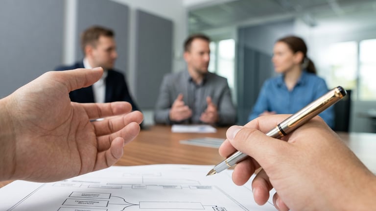 A business professional reviews a problematic subject between clients in a modern office.