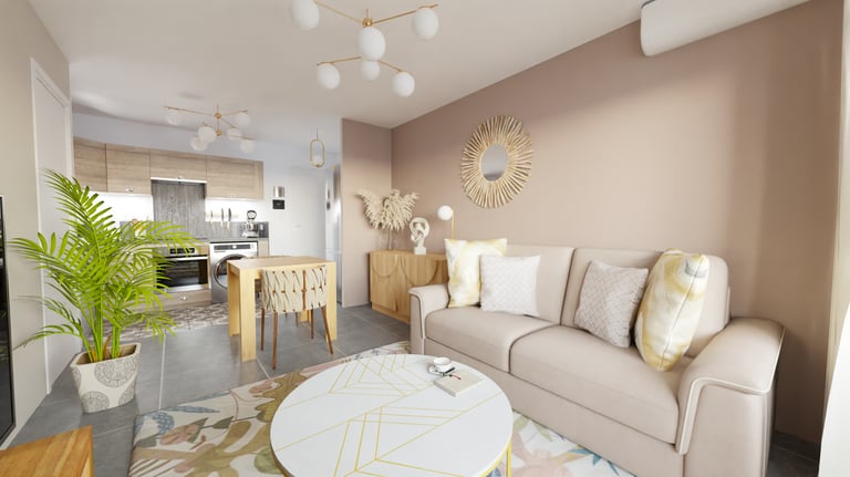 a living room with a couch and a table