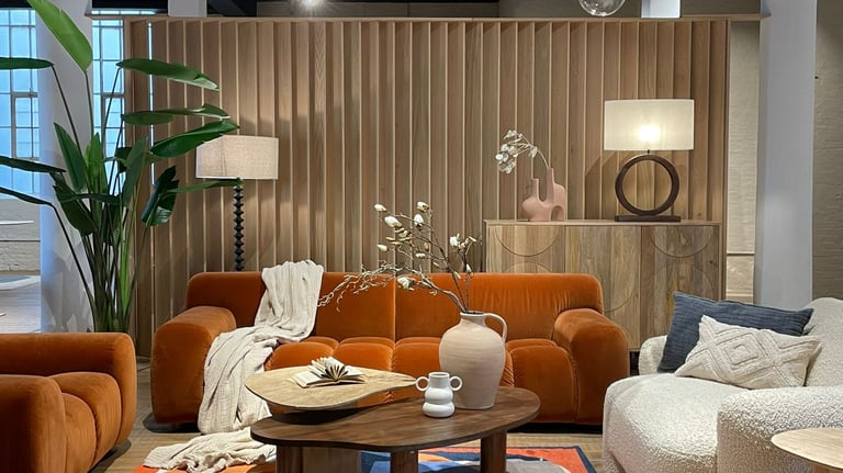 a living room with a couch and a table