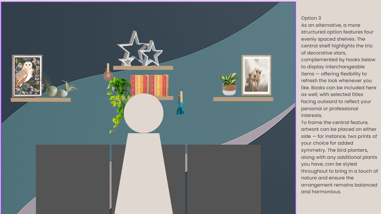 A wall decor mockup featuring floating shelves with books, stars, and plants for interior design inspiration.