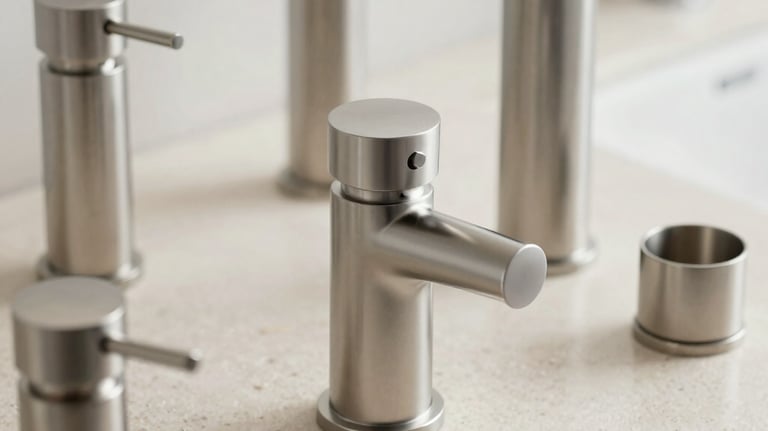 A focused close-up of high-quality metallic bathroom fittings and accessories arranged on a clean, light-colored stone surface. The style is minimalist and high-end, showcasing the smooth finish and quality of the materials.