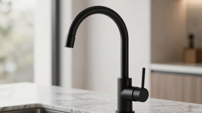 A sleek, contemporary kitchen faucet in matte black finish, installed on a luxury marble countertop. The image is bright and airy, reflecting a modern Middle Eastern interior design style with soft natural light.