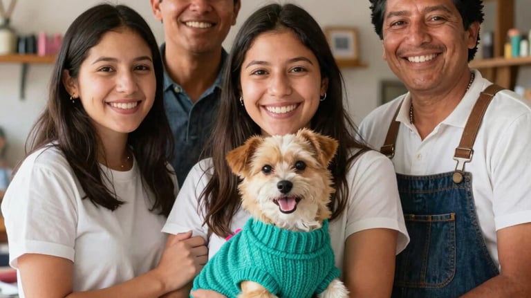 Una familia sonriente posa junta en el interior, sosteniendo a su perro pequeño que lleva un suéter verde.