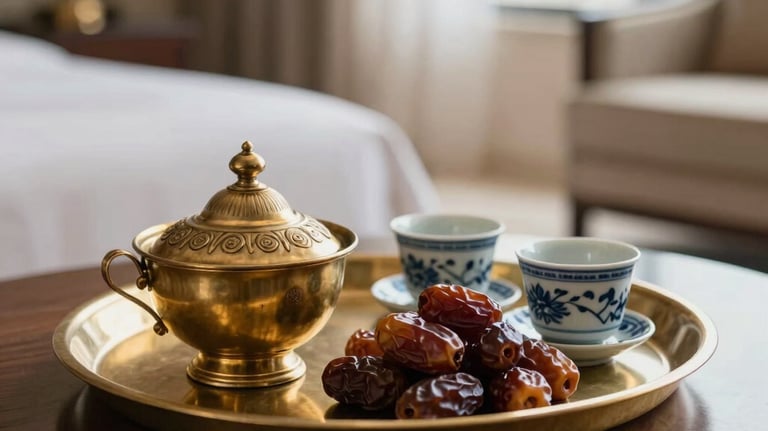 Close-up of a high-end hotel room interior in Saudi Arabia. A tray with a brass Dallah, fresh dates, and small porcelain cups sits on a dark wood table. Soft morning light, elegant and welcoming hospitality setup.