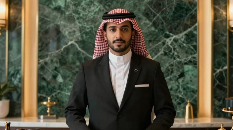 A luxury hotel concierge desk in Saudi Arabia. The background shows a wall with deep green marble and gold accents. The lighting is warm and sophisticated. Middle Eastern / Gulf setting.
