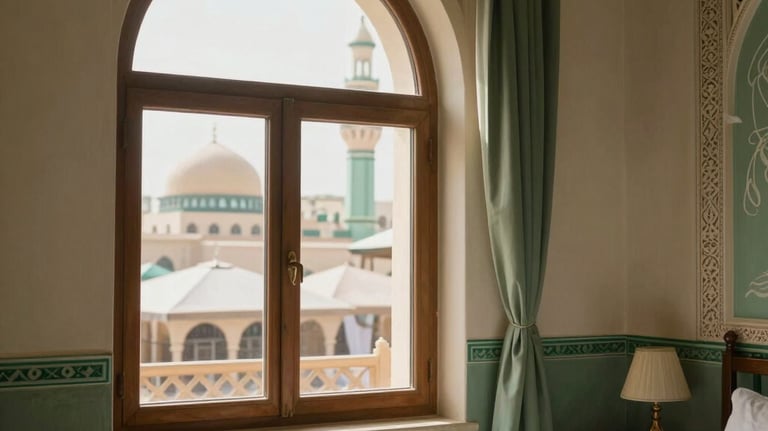 Photography of a peaceful hotel room in Madinah. The window offers a glimpse of the Prophet's Mosque umbrellas. The room is decorated in sage green and cream tones with traditional mashrabiya details.