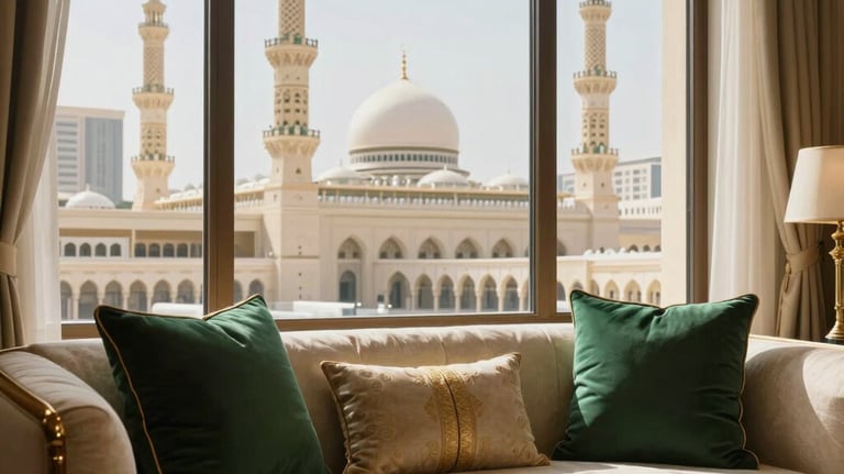 Professional architectural shot of a luxury hotel suite in Makkah. View through the window showing the minarets of the Grand Mosque. Interior features cream and gold linens with deep green cushions. Middle Eastern / Gulf style.