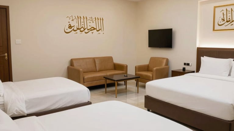 Interior of a spacious family suite in a hotel near the Haram. Multiple beds with crisp white linens, a seating area with tan leather chairs, and subtle gold-framed Arabic calligraphy on the cream wall.