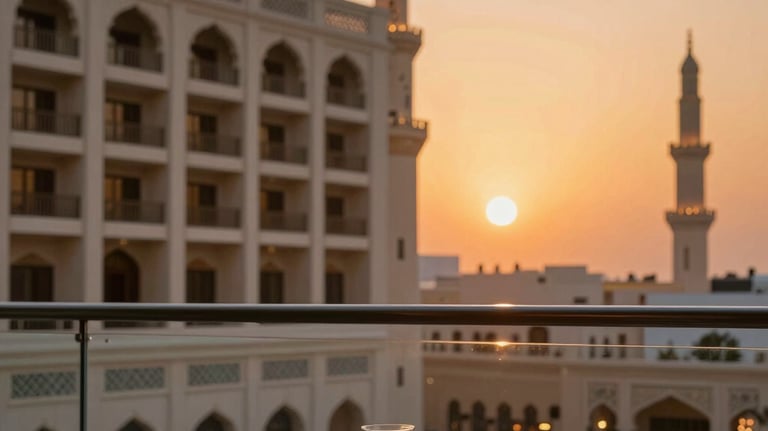 A modern hotel balcony in Madinah at sunset. The sky is a soft orange. A small table with a glass of tea sits in the foreground. Professional travel photography with Islamic architectural patterns in view.
