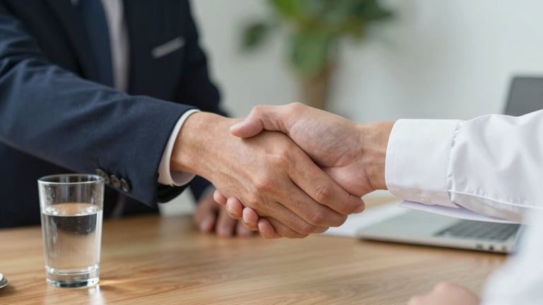 A handshake between two professionals over a clean wooden desk, with a glass of water and a plant in the background, representing ethical partnership.
