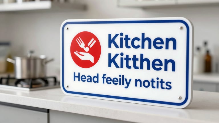 A focused shot of a kitchen safety sign and a clean preparation area, emphasizing hygiene protocols and the brand's commitment to food safety.