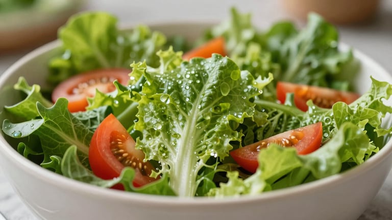 A close-up of a bowl of fresh, organic salad greens and colorful vegetables, reflecting high quality and healthy food standards.