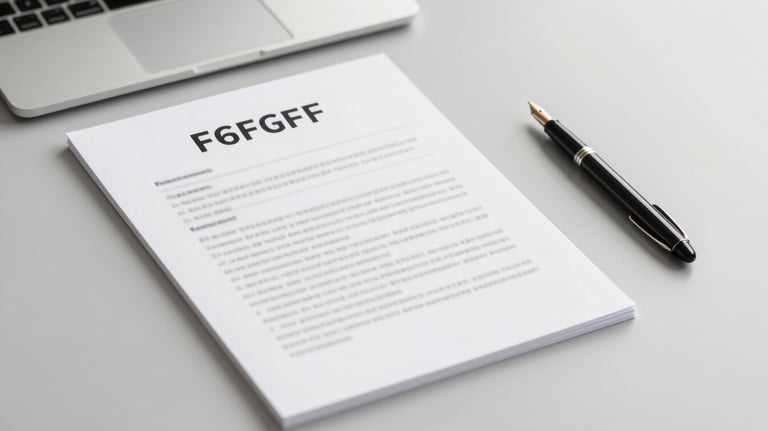A minimalist arrangement of legal documents and a fountain pen on a desk, with a professional and clean aesthetic in tones of #F6F6F6.