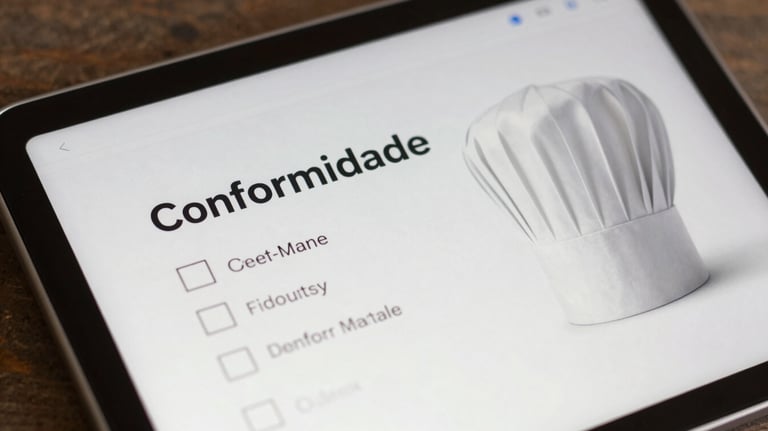 A close-up of a digital tablet showing a checklist with 'Conformidade' written on it, next to a professional culinary hat, symbolizing regulatory compliance.