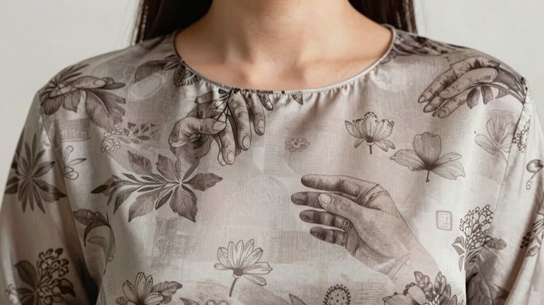 Detail shot of a woman's silk top featuring delicate hand-block printing. Close up on fabric texture and intricate patterns in #7A6F62 and #F5F2EF.