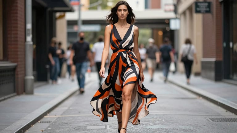 Full length shot of a female model in a flowing fusion dress with bold patterns, walking down a Melbourne laneway. Dynamic, fashion-forward composition.