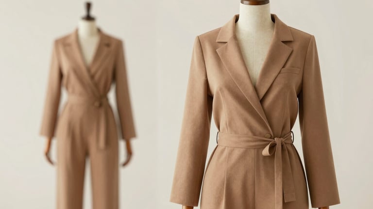 A stylish women's co-ord set in earth tones, displayed on a wooden mannequin. Soft natural lighting, fashion-forward and premium feel.