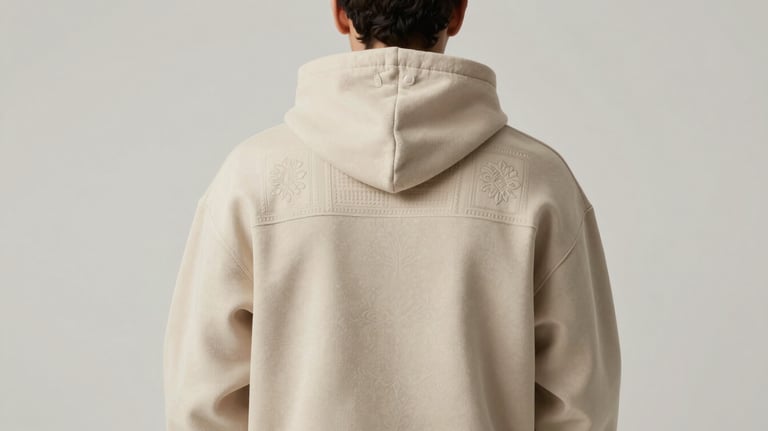 Model from the back wearing a premium beige hoodie, showing the large, intricate cultural embroidery across the shoulders. Neutral lighting, palette #F5F2EF.