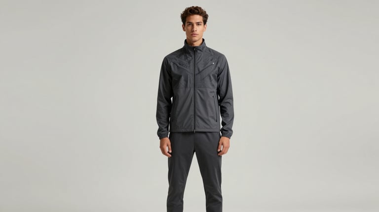 Studio shot of a male model wearing joggers and a tech-style jacket with subtle geometric patterns. Confident pose, neutral urban background in #F5F2EF tones.