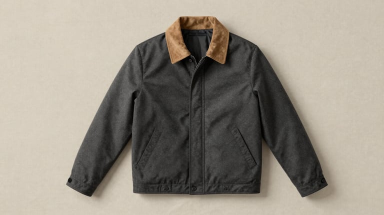 Product shot of a dark charcoal grey jacket with tan suede collar detail, flat lay on a beige linen background. Minimalist lighting, palette #2C2C2B and #C7B5A0.