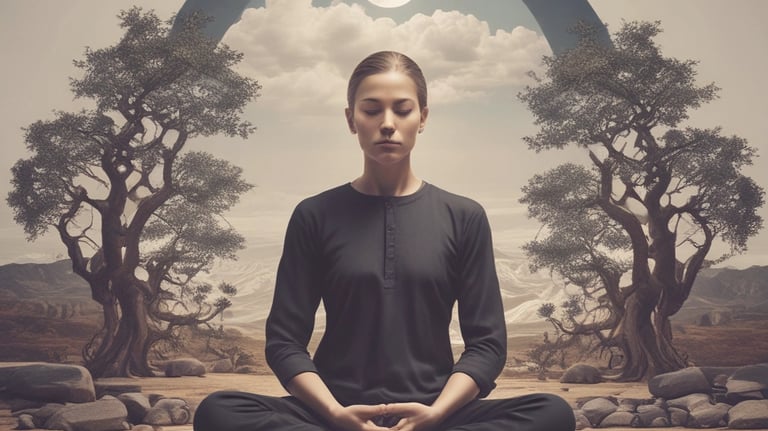 a woman sitting in a circle with a moon in the background