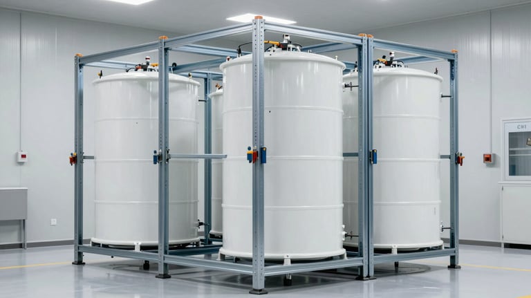 Industrial photography of a large, modular energy storage rack in a clean, modern utility room, steel blue and cloud white accents.