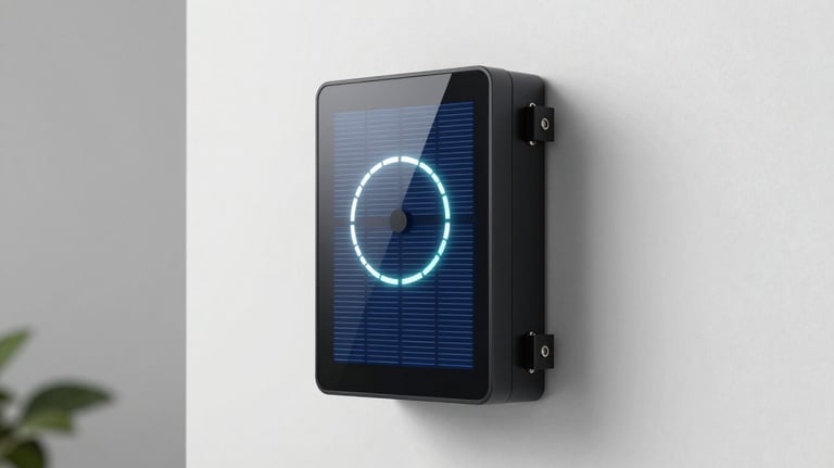 A sleek, wall-mounted smart solar inverter with a glowing LED status ring, modern hardware design, cloud white background.