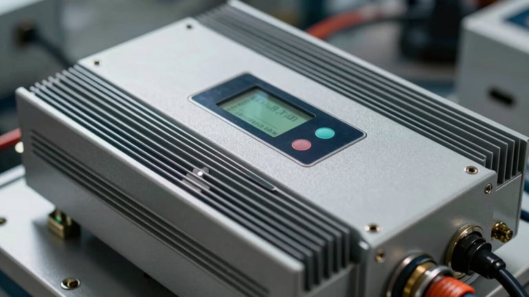 Detailed close-up of a three-phase commercial solar inverter with cooling fins and a digital status panel, industrial tech aesthetic.