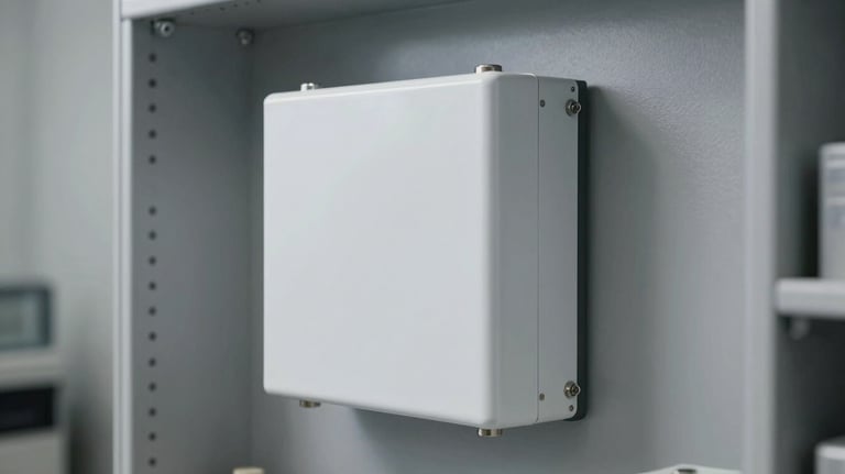 A clean, white lithium-iron-phosphate battery module mounted on a grey wall in a professional utility closet, minimalist industrial style.