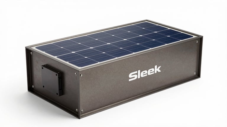 Sleek industrial product shot of a dark steel solar battery unit on a clean white background, highlighting high-tech design and durability.