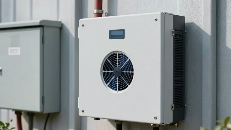 Clean photography of a modern hybrid solar inverter installed next to a utility box, professional finish, North American commercial setting.