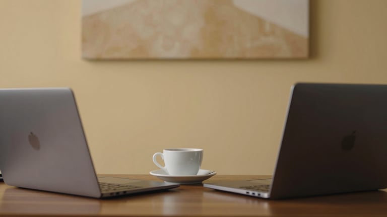 A professional desk setup in a warm South American / Brazilian / Bolivian office, featuring a laptop and a cup of coffee. The wall behind has a subtle warm sand colored art piece.