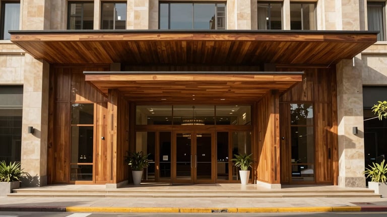 The welcoming entrance of a modern cultural center in a South American / Brazilian / Bolivian city, featuring elegant wooden architecture and warm sand stone details.