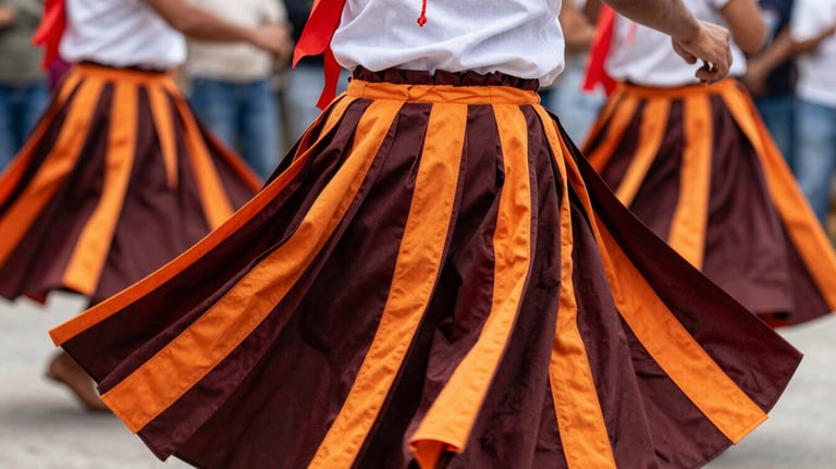 A close-up photograph of a vibrant cultural dance performance at a South American / Brazilian / Bolivian festival, showing movement and colorful deep mahogany and orange ribbons.