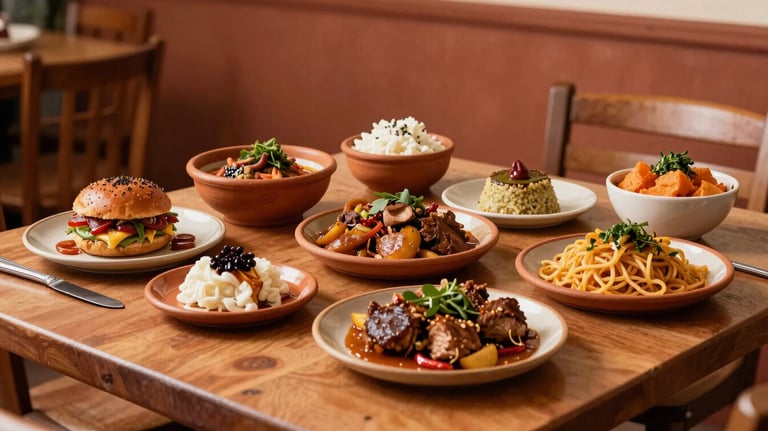 A beautiful spread of traditional Bolivian cuisine served on a modern table in a South American / Brazilian / Bolivian restaurant, captured with warm lighting and terracotta orange tones.