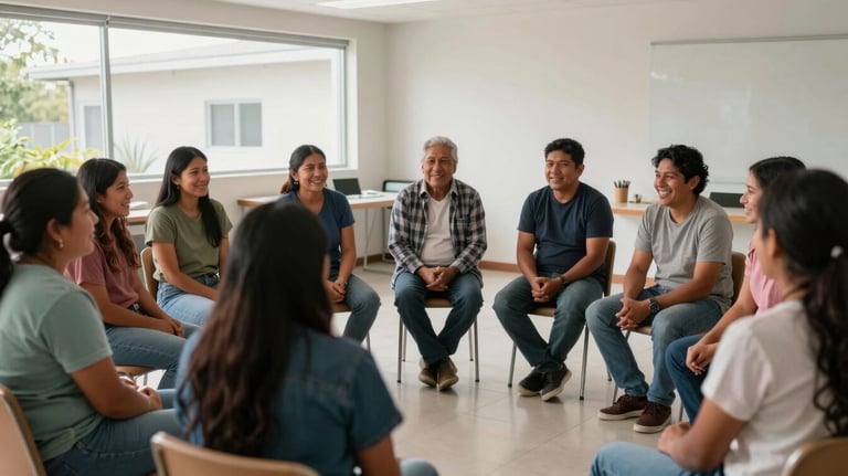 A group of South American / Brazilian / Bolivian people sitting in a circle, engaged in a joyful conversation in a modern, light-filled community room.