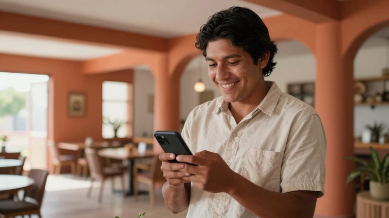 A smiling person in a modern South American / Brazilian / Bolivian community center holding a smartphone, with warm terracotta orange accents in the decor and soft natural lighting.