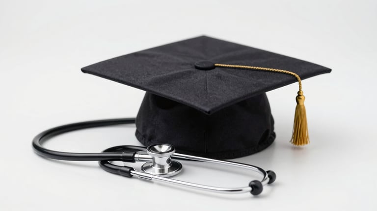An image of a stethoscope and a graduation cap together, signifying the health and education lines of action within the association's mission.