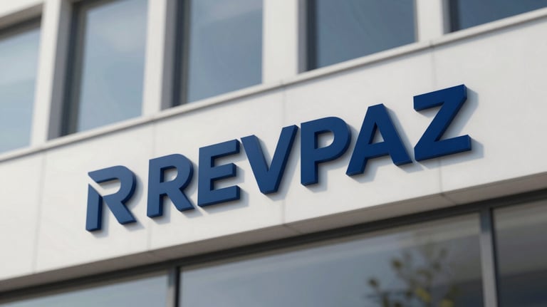 A modern building facade with the REVPAZ logo visible, representing the institution's official presence and reliability, featuring #0C2D48 corporate tones.