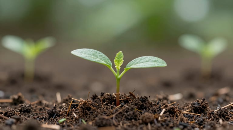 A close-up of a small plant growing out of rich soil, symbolizing productive projects and the new life brought by economic independence for victims, green palette #8C9A4D.
