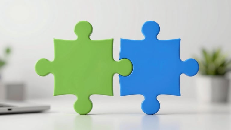 Graphic icon of two puzzle pieces coming together, stylized in #2E8BC0 blue and #8C9A4D olive green, representing strategic alliances and cooperation.