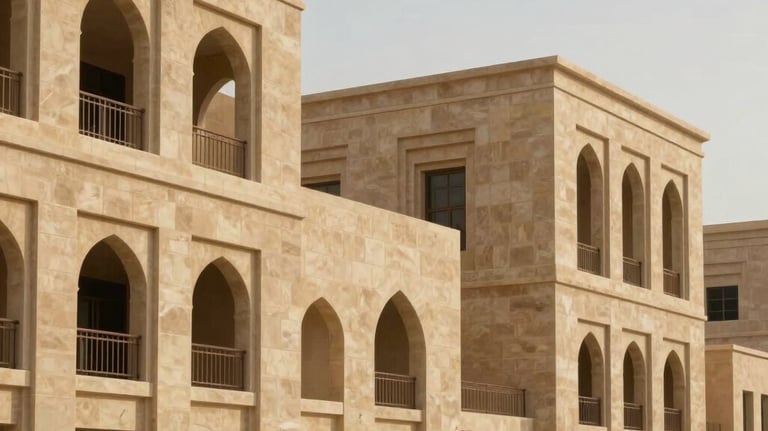Architectural exterior of a prestigious mixed-use development complex in Middle Eastern / Gulf, featuring clean geometrical lines and warm desert beige stone finishing.