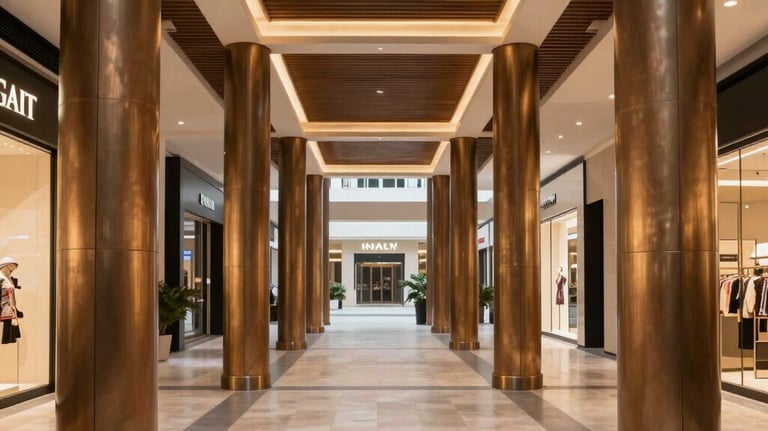 High-end shopping plaza in Middle Eastern / Gulf region with open-air pedestrian avenues, elegant bronze pillars, and warm exterior lighting.