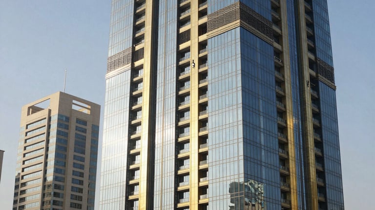 Modern commercial skyscraper in Middle Eastern / Gulf financial district, showcasing sleek glass facade and dark navy and gold architectural details under bright sunlight.
