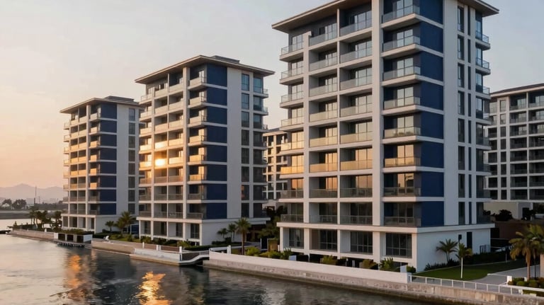 Wide angle shot of a luxury waterfront residential development in Middle Eastern / Gulf, showcasing clean modern design, deep navy accents, and warm sunset reflections.