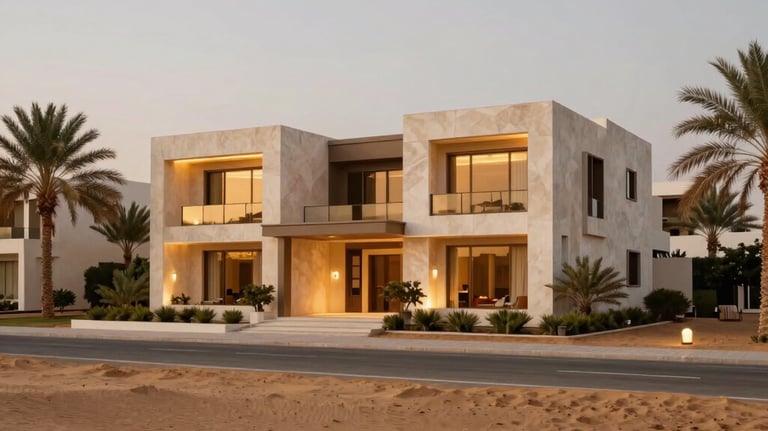 Luxury modern residential villa complex with contemporary Middle Eastern / Gulf architecture, warm gold exterior lighting, desert sand hues, and surrounding lush palm gardens.