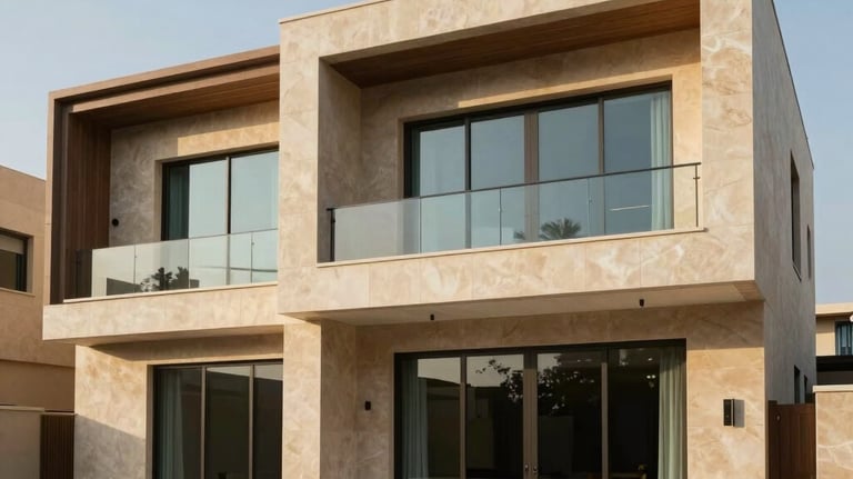 Architectural photograph of luxury modern villas in Middle Eastern / Gulf environment with sleek structural lines, warm beige stone cladding, and wide glass windows.