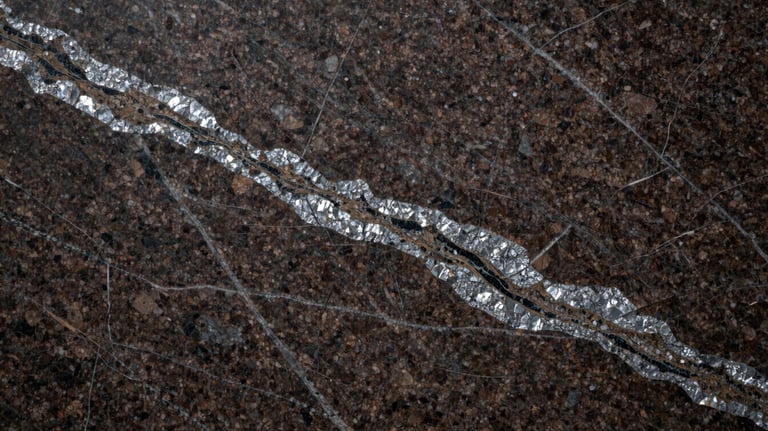 A close-up photograph of a polished dark brown granite slab with intricate silver and black mineral patterns, professional studio lighting, highlighting the high-quality finish and texture.