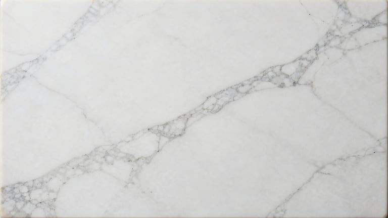 A top-down view of a pure white marble slab with delicate grey veining, polished to a mirror finish, clean and professional lighting.
